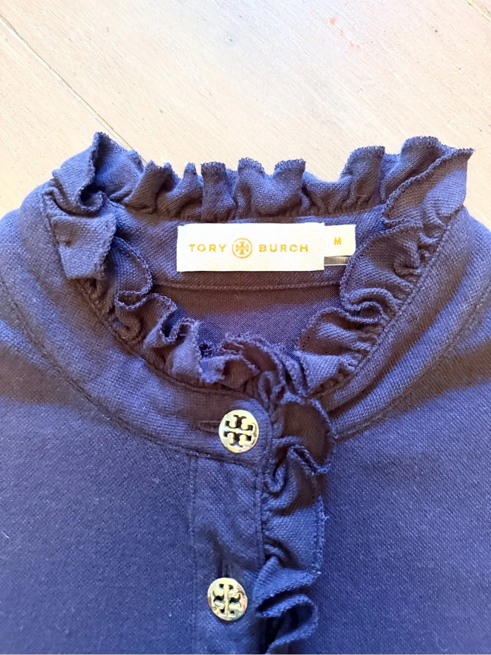 Tory Burch Ruffle Sleeveless Top Navy Gold Logo Buttons Size Medium